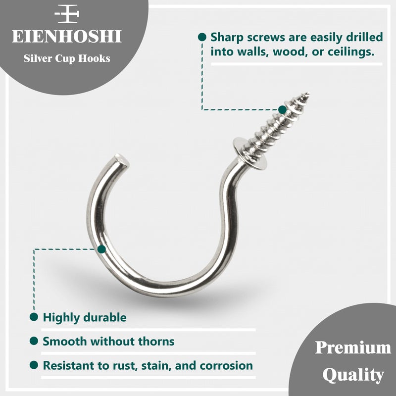 EIENHOSHI 105 Pcs Screw Hooks  6 Sizes Silver Cup Hooks  Screw Hooks for Hanging  Metal Cup Hooks Screw in (1/2""  5/8""  3/4""  7/8""  1''  1-1/4"") - Image 3